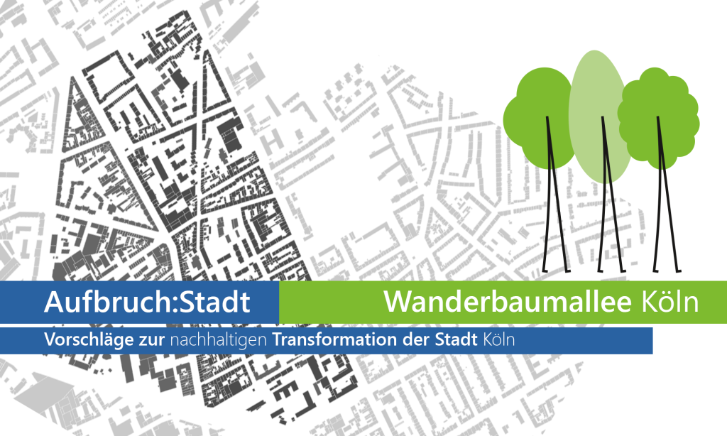 Titelbild Aufbruch:Stadt und Wanderbaumallee Köln. Der Hintergrund zeigt ein Schwarzbild mit einem Ausschnitt von Köln-Ehrenfeld und das Logo der Wanderbaumallee Köln.